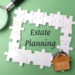 Puzzle,magnifying glass and wooden house with the word Estate Planning on green background.