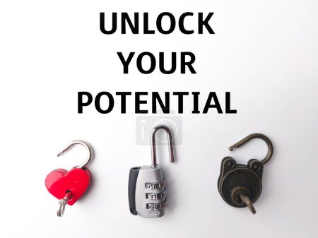 Photo for Different types of padlocks that have been opened with the word UNLOCK YOUR POTENTIAL on a white background - Royalty Free Image