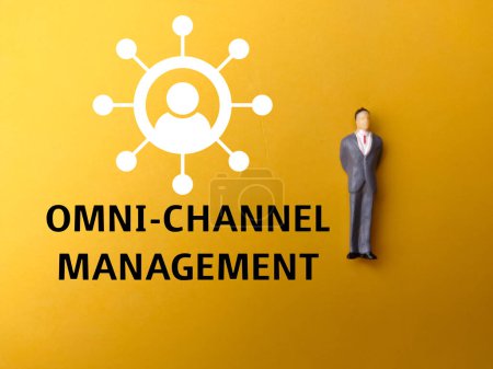 Photo for Miniature people and icon with text OMNI-CHANNEL MANAGEMENT on yellow background. - Royalty Free Image