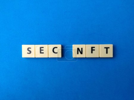 Von oben Spielzeug Wort mit Text SEC NFT auf blauem Hintergrund.