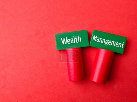 Top view colored block with text Wealth Management on red background.