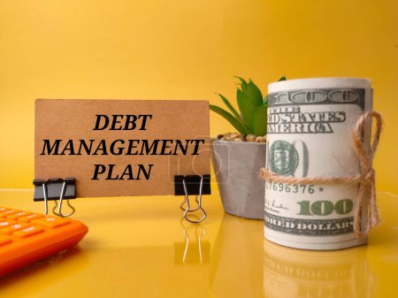 Taschenrechner, grüne Pflanze, Banknoten und braune Karte mit Text DEBT MANAGEMENT PLAN auf gelbem Hintergrund.