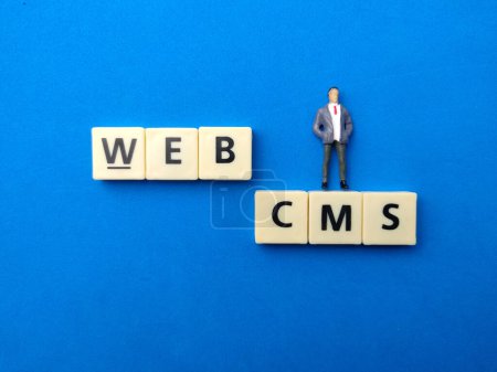 Foto de Vista superior de personas en miniatura y toye palabra con texto WEB CMS sobre fondo azul. - Imagen libre de derechos