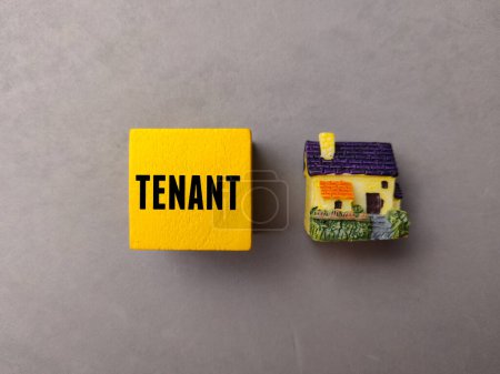 Miniaturhaus von oben mit Text TENANT auf grauem Hintergrund.