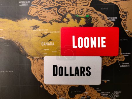 Draufsicht Holztafel mit Text LOONIE DOLLARS auf einem Kanada Weltkarte Hintergrund.
