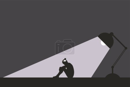 Illustration for Sad and depressed woman sitting alone under the spotlight. Depressive disorder. Mental health concept - Royalty Free Image
