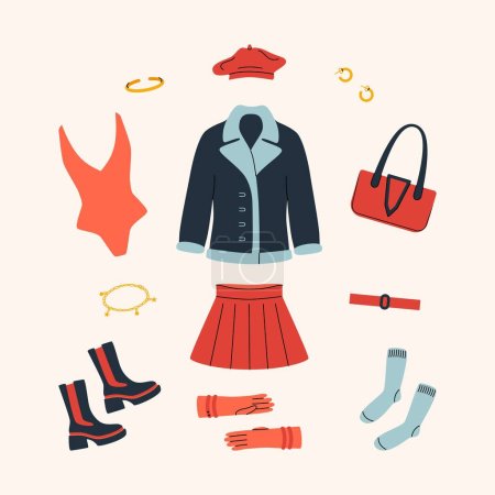 Stylish women outfit. Bomber jacket skirt bodysuit boots bag accessories, fashion spring fall look. Vector cartoon illustration.
