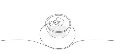 Coffee cup one line drawing. Top view of cappuccino with heart shaped art, cafe shop concept. Modern vector illustration.