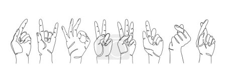 Illustration for One line drawing of hand gestures. Continuous line human hand signs, simple minimalistic sketch of finger gestures. Vector collection. - Royalty Free Image