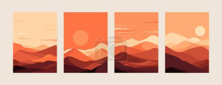 Diseño abstracto de póster del desierto. Fondo minimalista de paisaje de dunas con amanecer y atardecer en el desierto en estilo oriental. Ilustración vectorial.