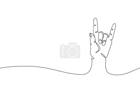 Rock on hand gesture one line drawing. Palm with fingers in rock sign, continuous line hand sign of rocker for print. Vector simple sketch.