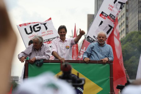 Photo for Brazil Elections: Lula takes a walk on Paulista Avenue with the presence of former president Jose Mujica. October 29, 2022, Sao Paulo, Brazil: Workers' Party presidential candidate, Luiz Inacio Lula da Silva - Royalty Free Image