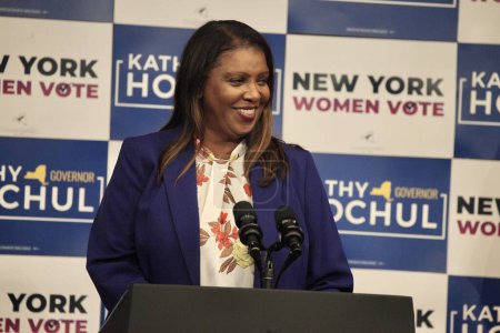 Photo for November 3, 2022, New York, USA: Letitia James during the US Vice President Harris visit to Barnard College in New York as she delivers remarks at a GOTV event with Governor Kathy Hochul (D-NY) and Lieutenant Governor Delgado. - Royalty Free Image