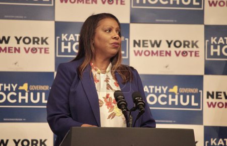 Photo for November 3, 2022, New York, USA: Letitia James during the US Vice President Harris visit to Barnard College in New York as she delivers remarks at a GOTV event with Governor Kathy Hochul (D-NY) and Lieutenant Governor Delgado. - Royalty Free Image