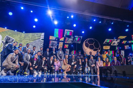 Photo for Award for the best of the Brazilian Soccer Championship promoted by ESPN TV. November 14, 2022, Sao Paulo, Brazil: Players and coaches who competed in the Brazilian Soccer Championship participate in the Ballon d'Or award on ESPN television - Royalty Free Image