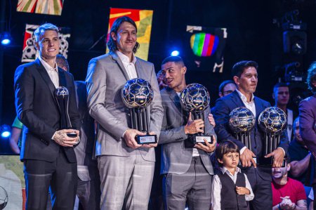 Photo for Award for the best of the Brazilian Soccer Championship promoted by ESPN TV. November 14, 2022, Sao Paulo, Brazil: Players and coaches who competed in the Brazilian Soccer Championship participate in the Ballon d'Or award on ESPN television - Royalty Free Image
