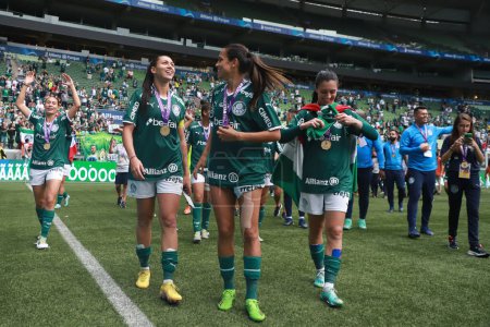 Photo for Palmeiras is champion of Paulista Women Soccer. December 21, 2022, Sao Paulo, Brazil: Palmeiras is Champion of Paulista Women Soccer defeating Santos by the 2-1, on Wednesday (21), at Allianz Parque in Sao Paulo - Royalty Free Image