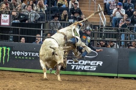 Téléchargez les photos : 2023 Professional Bull Riders Unleash The Beast At The Garden. January 06, 2023, New York, New York, USA: Eli Vastbinder rides Smooth Kat during the Professional Bull Riders 2023 Unleash The Beast event at Madison Square Garden - en image libre de droit