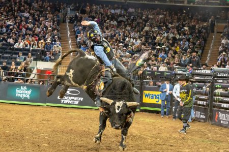 Photo for 2023 Professional Bull Riders Unleash The Beast At The Garden. January 07, 2023, New York, New York, USA: Colten Fritzlan rides American Gangster during second round of the Professional Bull Riders 2023 Unleash The Beast event at Madison Square - Royalty Free Image
