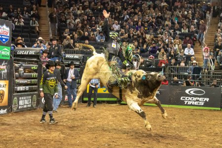 Téléchargez les photos : 2023 Professional Bull Riders Unleash The Beast At The Garden. January 08, 2023, New York, New York, USA: Jose Vitor Leme rides Choc Tease during the third round of the Professional Bull Riders 2023 Unleash The Beast event - en image libre de droit