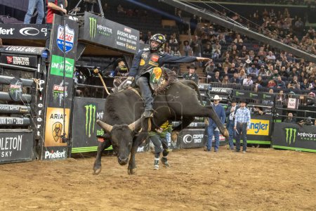 Photo for 2023 Professional Bull Riders Unleash The Beast At The Garden. January 08, 2023, New York, New York, USA: Colten Fritzlan rides Big Worm during third round of the Professional Bull Riders 2023 Unleash The Beast event at Madison Square Garden - Royalty Free Image