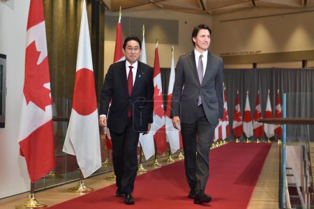Photo for Joint Press Conference Between Prime Ministers of Japan and Canada Fumio Kishida and Justin Trudeau. January 12, 2023, Ottawa, Ontario, Canada: A Joint Press Conference Between Prime Ministers of Japan and Canada - Royalty Free Image