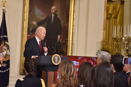 Photo for Lunar New Year Reception With U.S. President Joe Biden and First Lady Jill Biden at the White House. January 26, 2023, Washington, DC, USA: President of the United States, Joe Biden and First Lady, Jill Biden, deliver remarks at the White House - Royalty Free Image