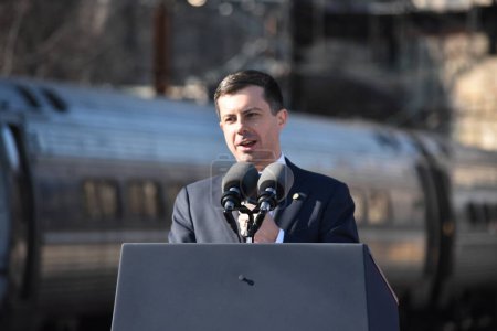 Photo for Bipartisan Infrastructure Law remarks in Baltimore. January 30, 2023, Baltimore, Maryland, USA: Secretary of Transportation Pete Buttigieg discussed how Bipartisan Infrastructure Law funding - Royalty Free Image
