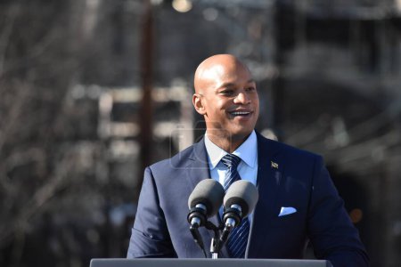 Téléchargez les photos : Bipartisan Infrastructure Law remarks in Baltimore. January 30, 2023, Baltimore, Maryland, USA: Governor of Maryland Wes Moore discussed how Bipartisan Infrastructure Law funding will replace the 150-year old Baltimore and Potomac Tunnel - en image libre de droit