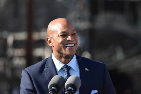 Foto de Bipartisan Infrastructure Law remarks in Baltimore. January 30, 2023, Baltimore, Maryland, USA: Governor of Maryland Wes Moore discussed how Bipartisan Infrastructure Law funding will replace the 150-year old Baltimore and Potomac Tunnel - Imagen libre de derechos