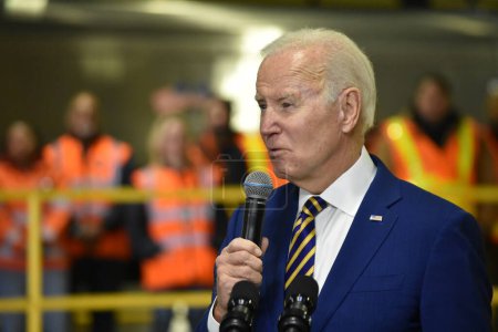 Photo for Bipartisan Observations on Infrastructure Act in New York City. January 31, 2023, New York, USA: US President Joe Biden delivers a speech and discusses topics related to the Bipartisan Infrastructure Act and how it would help with traffic - Royalty Free Image