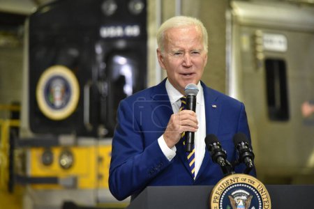Photo for Bipartisan Observations on Infrastructure Act in New York City. January 31, 2023, New York, USA: US President Joe Biden delivers a speech and discusses topics related to the Bipartisan Infrastructure Act and how it would help with traffic - Royalty Free Image