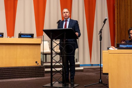 Photo for International Mock Trial on Human Rights. January 31, 2023, New York, New York, USA: Mr. Gilad Erdan, Permanent Representative of Israel to the United Nations, delivers opening remarks at a special event International Mock Trial on Human Rights - Royalty Free Image