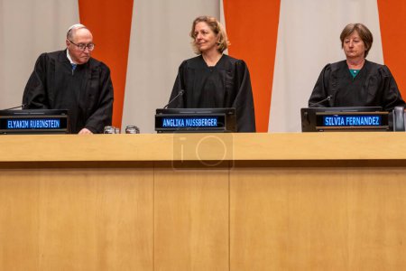 Photo for International Mock Trial on Human Rights. January 31, 2023, New York, New York, USA:(L-R) Honorable Judge Elyakim Rubinstein, Former Vice President of the Israeli Supreme Court, Honorable Judge Angelica Nussberger - Royalty Free Image