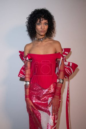 Photo for (NEW) KitchenAid &amp; Marta Del Rio launch the 2023 Hibiscus Color of the Year Collection - New York Fashion Week. February 09, 2023, New York, New York, USA: A model prepares backstage as KitchenAid &amp - Royalty Free Image