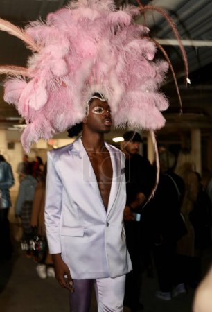 Photo for NYFW: Christian Cowan FW'23 Runway Show. February 14, 2023, New York, USA: Models parade the clothing of Christian Cowan during NYFW in New York with the presence of famous artists Sam Smith, rapper Montero Lamar Hill - Royalty Free Image