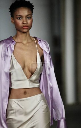 Photo for NYFW: Christian Cowan FW'23 Runway Show. February 14, 2023, New York, USA: Models parade the clothing of Christian Cowan during NYFW in New York with the presence of famous artists Sam Smith, rapper Montero Lamar Hill - Royalty Free Image