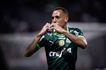Photo for Paulista Soccer Championship: Palmeiras vs RB Bragantino. February 22, 2023, Sao Paulo, Brazil: Breno Lopes of Palmeiras celebrates his goal during a soccer match against RB Bragantino, valid for Paulista Soccer Championship - Royalty Free Image