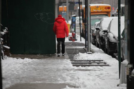 Photo for Aftermath of Snowfalls in New York. February 28, 2023, New York, USA: After a much waited time, New York City received its snowfall on Monday (27) through early morning of Tuesday (28) and left snowflakes everywhere, making the roads and street - Royalty Free Image