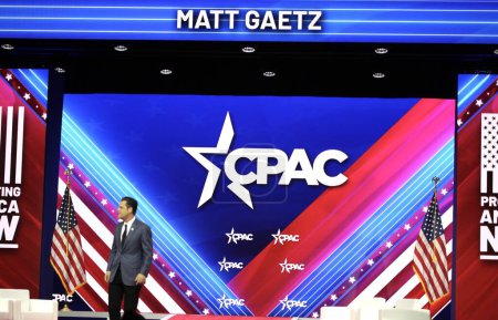Téléchargez les photos : Congressman Matt Gaetz during CPAC Covention in Maryland. March 03, 2023, Maryland, USA: The CPAC convention  Protecting America Now is taking place at (INT) CPAC at Gaylord National Resort - en image libre de droit