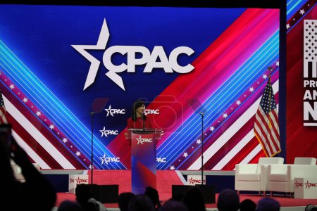 Téléchargez les photos : Nikki Haley, Fmr. United States Ambassador to the United Nations during CPAC Covention in Maryland. March 03, 2023, Maryland, USA: The CPAC convention  Protecting America Now is taking place at (INT) CPAC at Gaylord National Resort - en image libre de droit