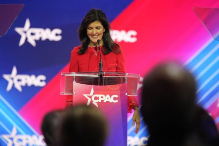 Photo for Nikki Haley, Fmr. United States Ambassador to the United Nations during CPAC Covention in Maryland. March 03, 2023, Maryland, USA: The CPAC convention  Protecting America Now is taking place at (INT) CPAC at Gaylord National Resort - Royalty Free Image
