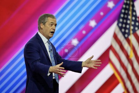 Photo for Nigel Farage, Fmr. Leader of the Brexit Party during CPAC Covention in Maryland. March 03, 2023, Maryland, USA: Nigel Farage, Fmr. Leader of the Brexit Party during CPAC convention  Protecting America Now - Royalty Free Image