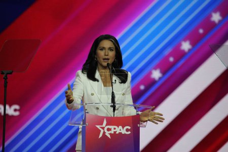 Photo for Tulsi Gabbard at CPAC Covention Protecting America Now in Maryland. March 04, 2023, Maryland, USA: Tulsi Gabbard, former US Congresswoman at the CPAC convention  Protecting America Now - Royalty Free Image