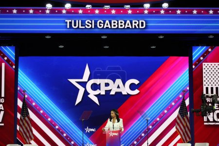 Photo for Tulsi Gabbard at CPAC Covention Protecting America Now in Maryland. March 04, 2023, Maryland, USA: Tulsi Gabbard, former US Congresswoman at the CPAC convention  Protecting America Now - Royalty Free Image