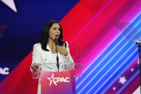 Photo for (INT) Tulsi Gabbard at CPAC Covention Protecting America Now in Maryland. March 04, 2023, Maryland, USA: Tulsi Gabbard, former US Congresswoman at the CPAC convention  Protecting America Now - Royalty Free Image