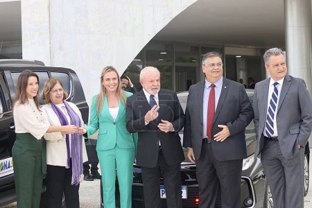 Photo for Lula participates in the launch ceremony of PRONASCI II and delivery of vehicles to Special Women's Police Stations. March 15, 2023,Brasilia, Federal District, Brazil: The President of Brazil Luiz Inacio Lula da Silva - Royalty Free Image