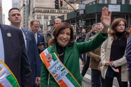 Photo for St. Patrick's Day Parade in New York City. March 17, 2023, New York, New York, USA: New York State Governor Kathy Hochul marches in the St. Patrick's Day Parade along 5th Avenue on March 17, 2023 in New York City. - Royalty Free Image