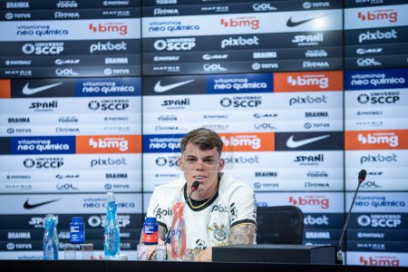 Photo for Press Conference and presentation of Chrystian Barletta. March 23, 2023, Sao Paulo, Brazil: Press conference and presentation of striker Chrystian Barletta at Corinthians training ground CT Joaquim Grava, in the east zone of Sao Paulo. - Royalty Free Image