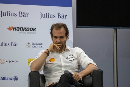 Photo for Press Conference of Formula E Race in Sao Paulo. March 24, 2023, Sao Paulo, Brazil: Press conference with team representatives Sylvai Filippi (Envision Racing), Tommaso Volpe (Nissan Formula E Team) and Florian Wodinger ( Tag Heuer Porsche) - Royalty Free Image